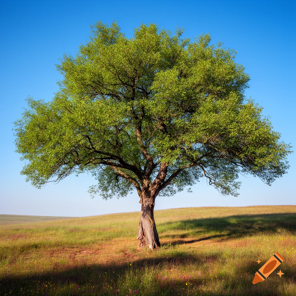A solitary green tree stands in a sunlit grassy field under a clear blue sky, casting a shadow.