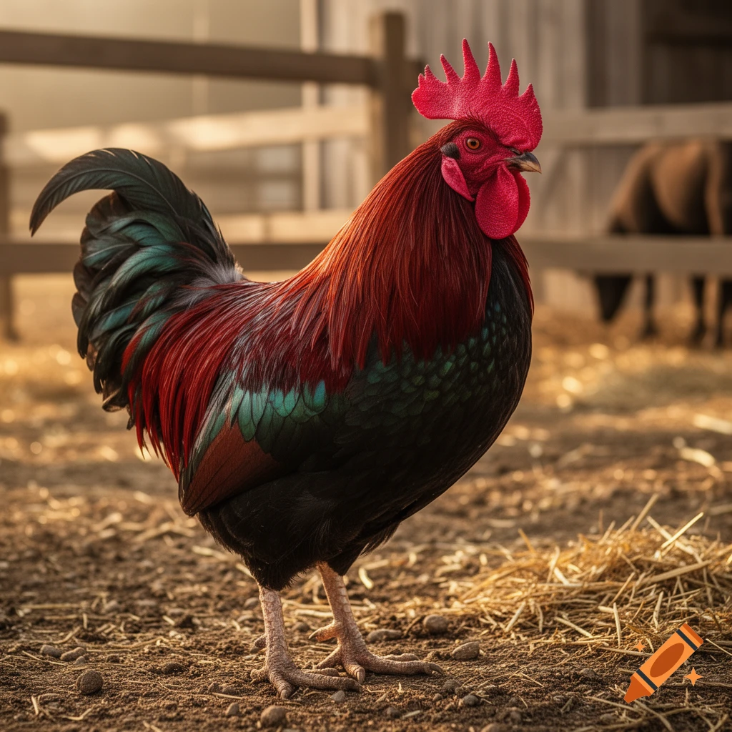 A photorealistic close-up of a vibrant rooster with red and green-black feathers standing on a dirt ground with hay.