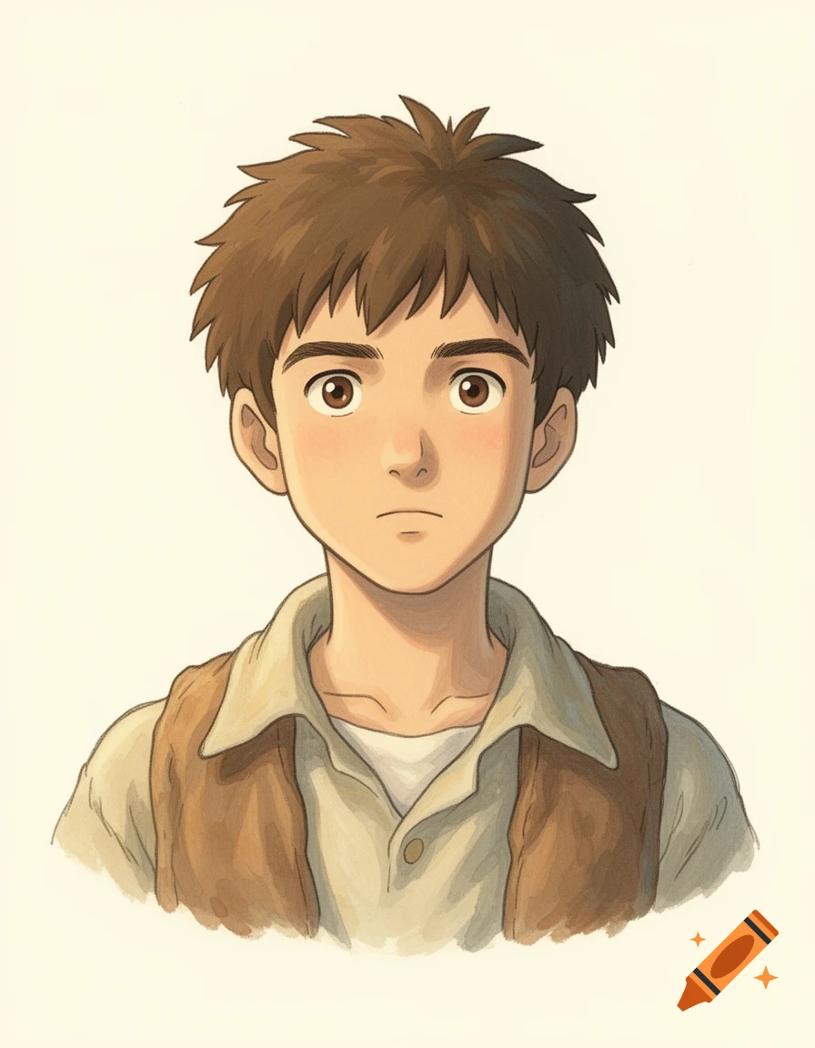 Ghibli-style anime illustration of a brown-haired teenage boy in a shirt and vest, looking forward with a quiet expression.