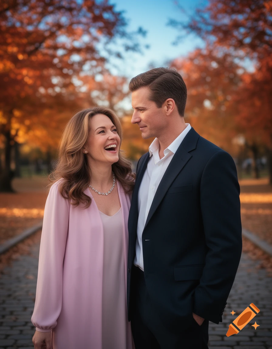 A smiling couple, a man in a suit and a woman in a pink cardigan, look at each other in an autumn park with colorful trees.