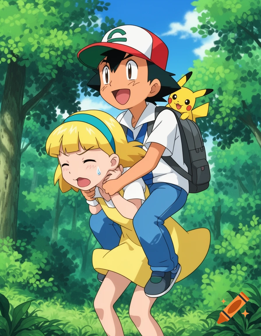 Anime style illustration of Ash riding piggyback on Bonnie in a forest, with Pikachu on Ash's backpack. Bonnie looks like she is struggling.