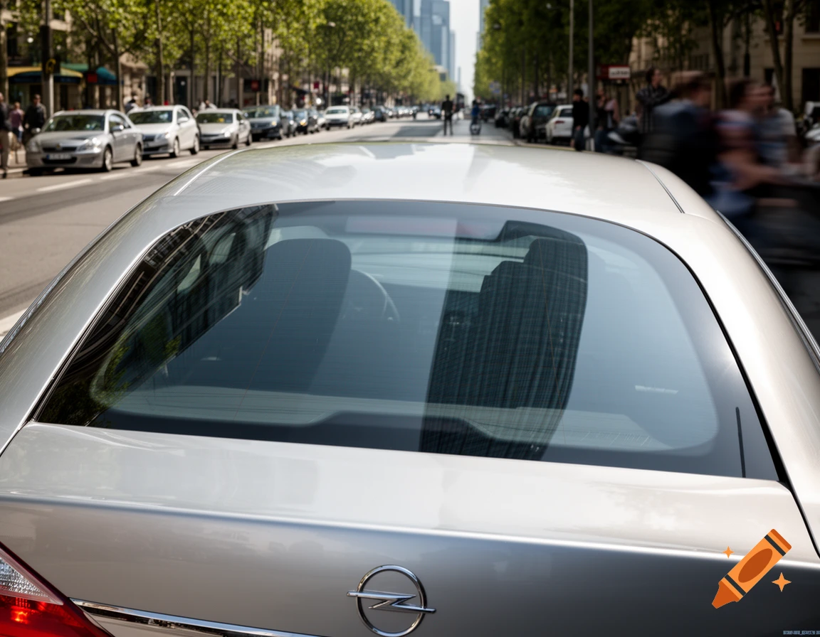 Rear view of a silver Opel car, featuring its back window and logo, parked on a city street lined with trees and other vehicles under a clear sky.