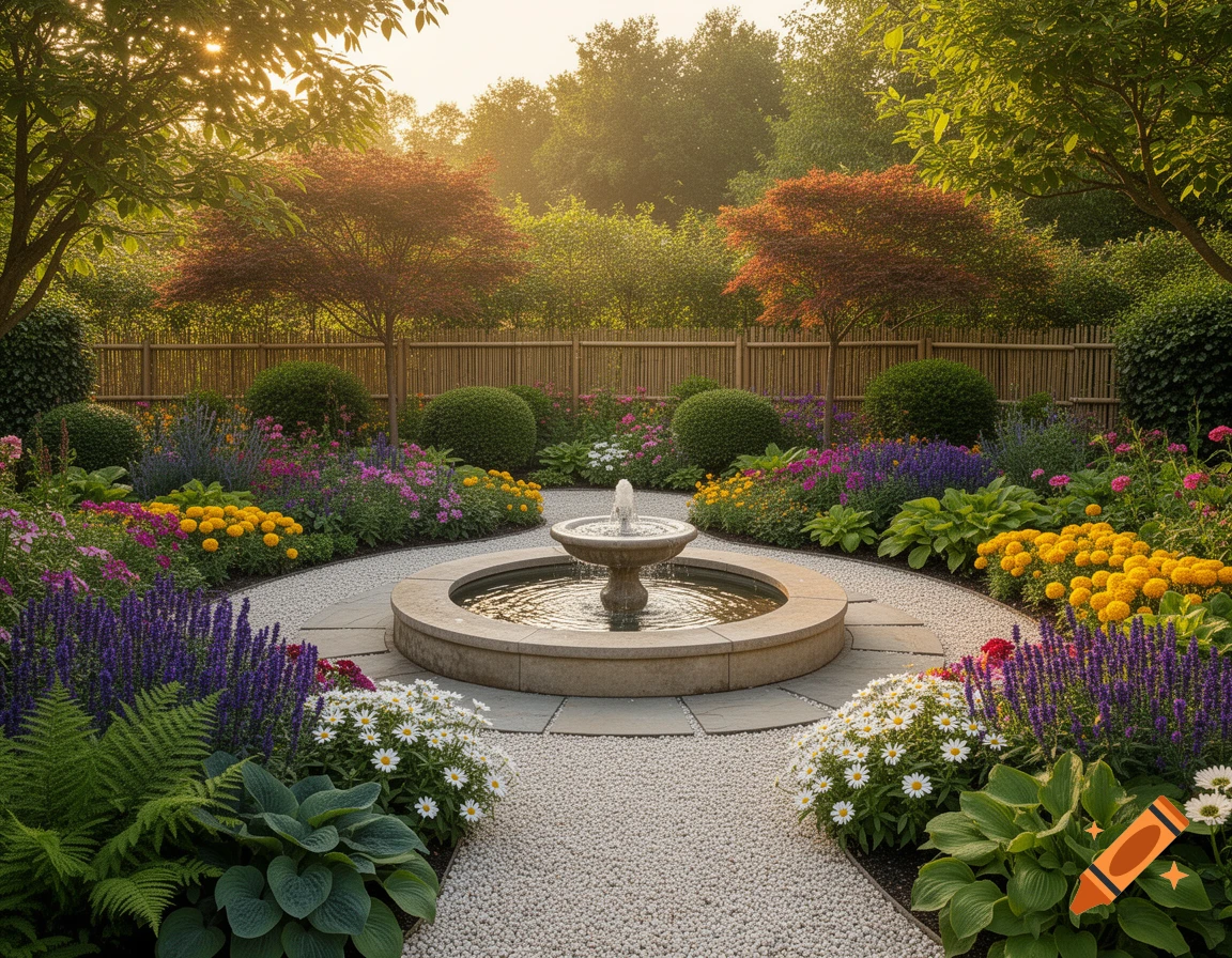 A serene garden with a central stone fountain, surrounded by colorful flowers, green foliage, and gravel paths under soft sunlight.