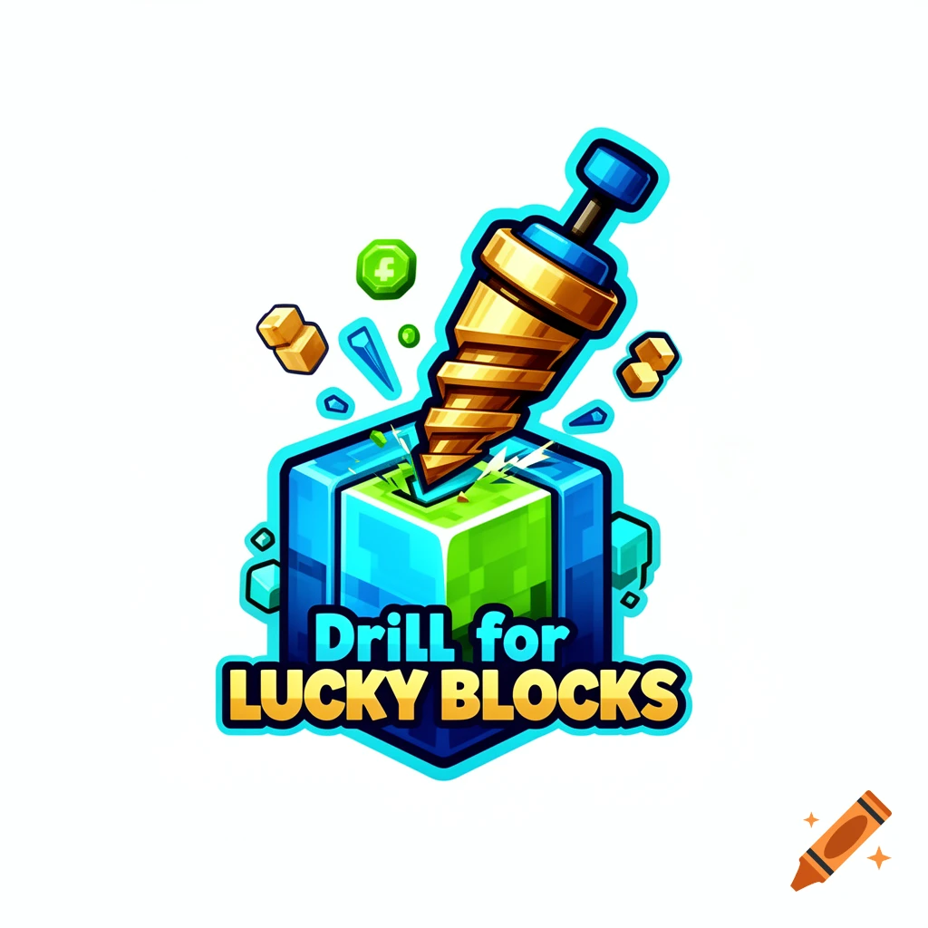 A cartoon logo featuring a golden drill piercing a blue and green block, with the text "Drill for LUCKY BLOCKS" below.