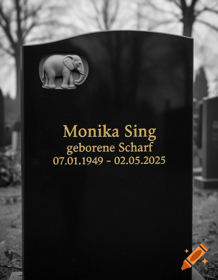 A black gravestone with gold lettering for Monika Sing, born Scharf (07.01.1949 - 02.05.2025), features a carved elephant.