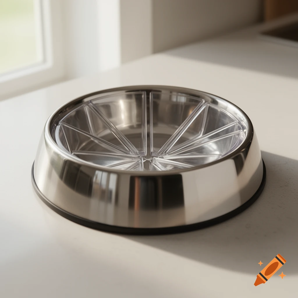 A shiny stainless steel pet food bowl with a clear, segmented slow-feeder insert sits on a white kitchen counter.