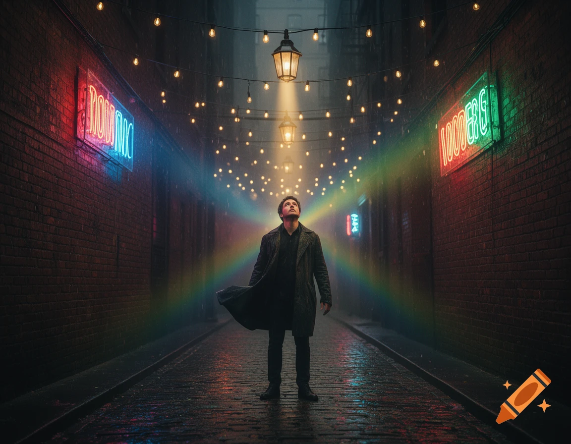 A man in a trench coat looks up at converging light rays forming a rainbow effect in a dark, rainy alley lined with neon signs.