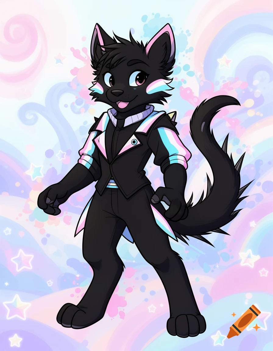 A cartoony black cat fursona with trans flag colors on its jacket and a spiked tail stands on a pastel rainbow background with stars.