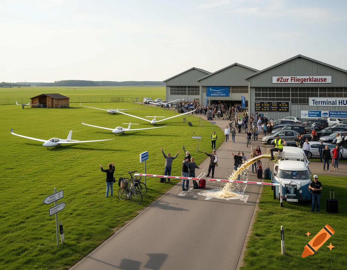 A lively airfield event with gliders on grass, people celebrating as frothy liquid pours from a tap on a van over a barrier, with buildings and cars nearby.