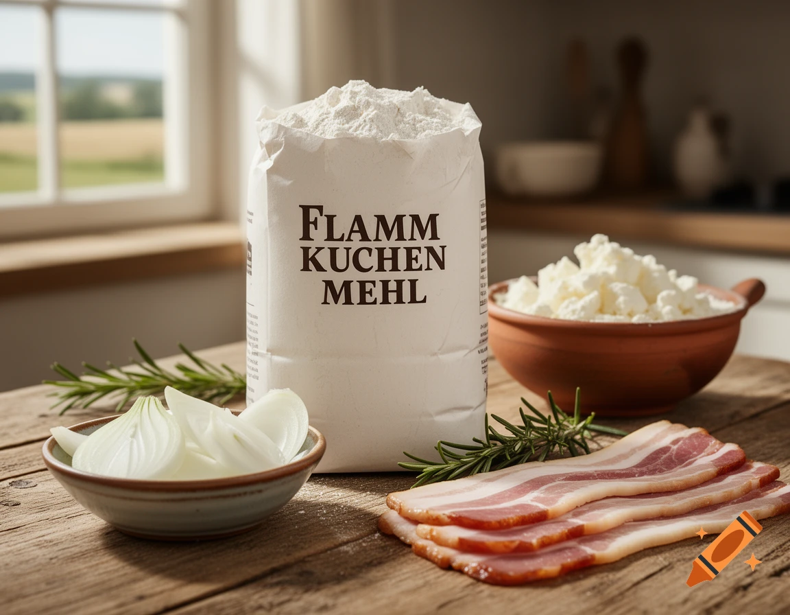 A bag of 'Flammkuchenmehl' flour, sliced onions, raw bacon, and a bowl of white cheese on a rustic wooden table in a kitchen.