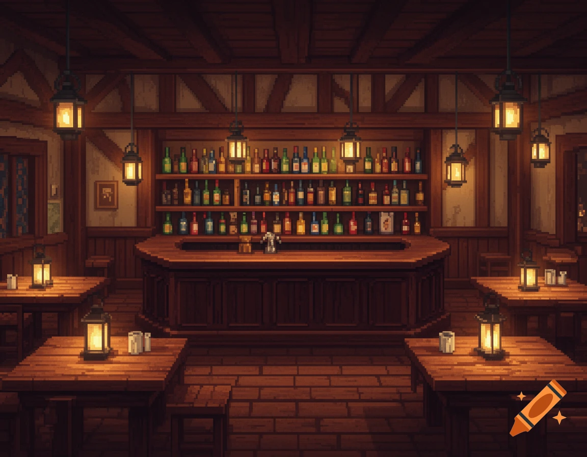 Pixel art interior of a cozy, dimly lit tavern with a long wooden bar, shelves of bottles, and small tables with lanterns.