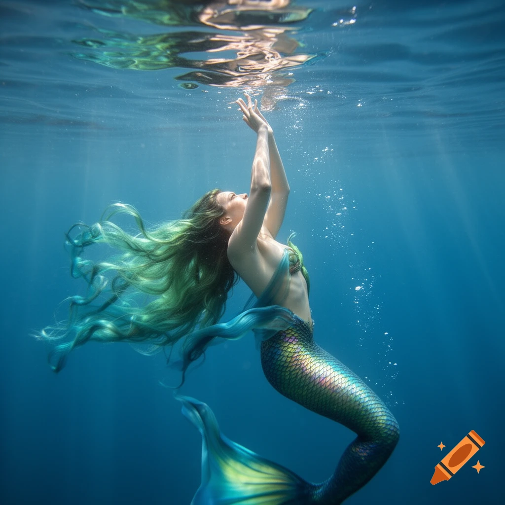 A photorealistic image of a mermaid with flowing green hair and a shimmering tail, reaching towards the light at the water surface from deep underwater.