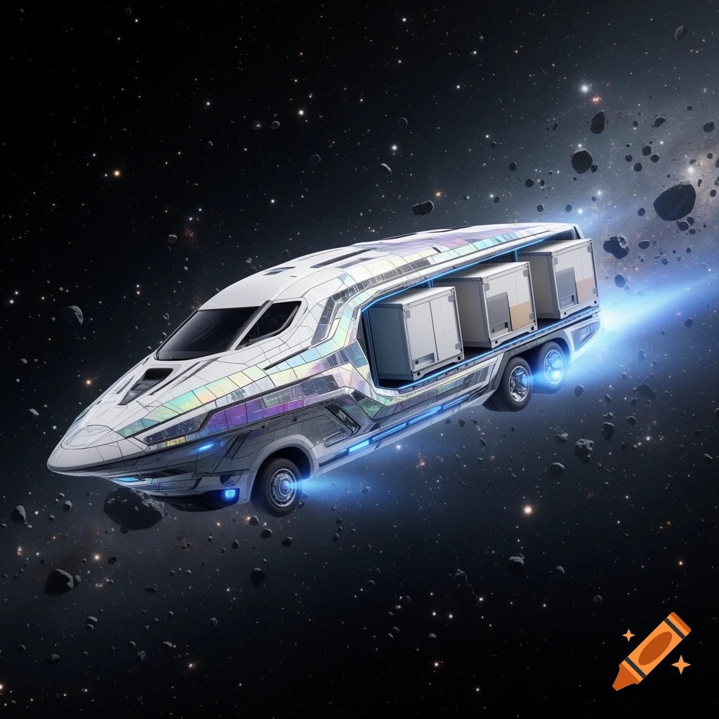 A futuristic white and iridescent delivery truck spaceship with glowing blue accents flies through space with stars and asteroids.