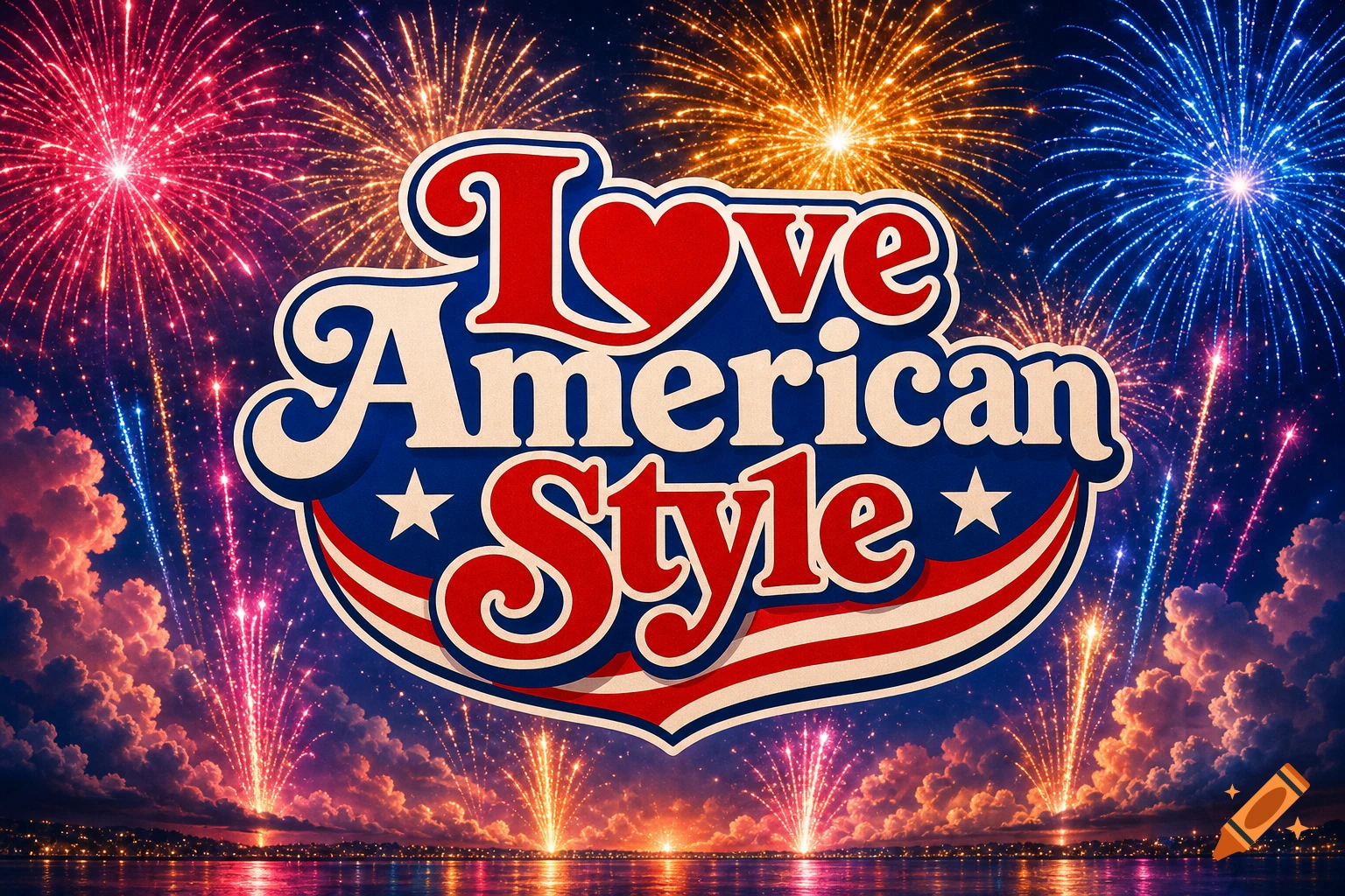 A patriotic red, white, and blue 'Love American Style' logo over a body of water, with colorful fireworks exploding in the night sky.