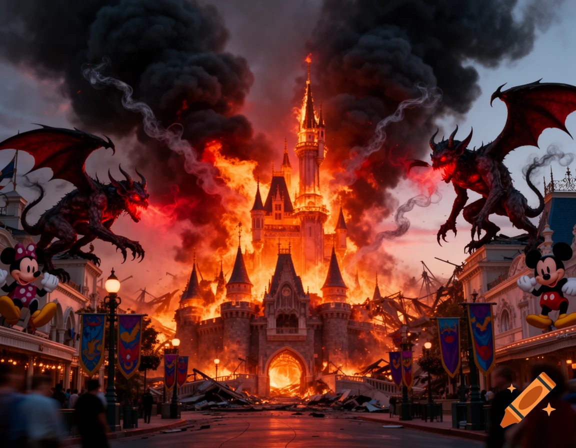 Photorealistic image of a Disneyland-like castle engulfed in flames and smoke, flanked by two fire-breathing winged demons.