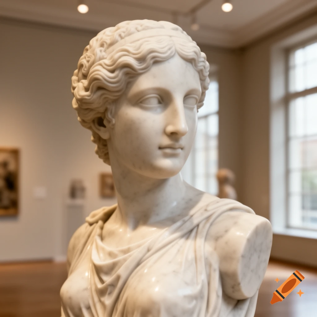 A photorealistic marble bust of a classical female figure, with serene features and wavy hair, displayed in a well-lit museum.