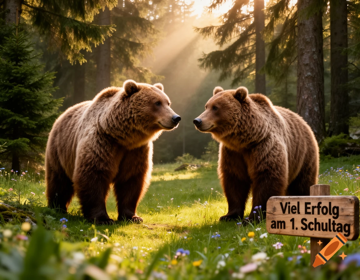Two brown bears stand in a sun-dappled forest clearing with a sign reading 'Viel Erfolg am 1. Schultag'.