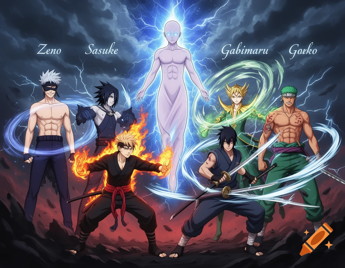 An anime-style illustration of six male characters, some shirtless, with various powers like fire, lightning, and wind, standing against a dark, stormy sky.