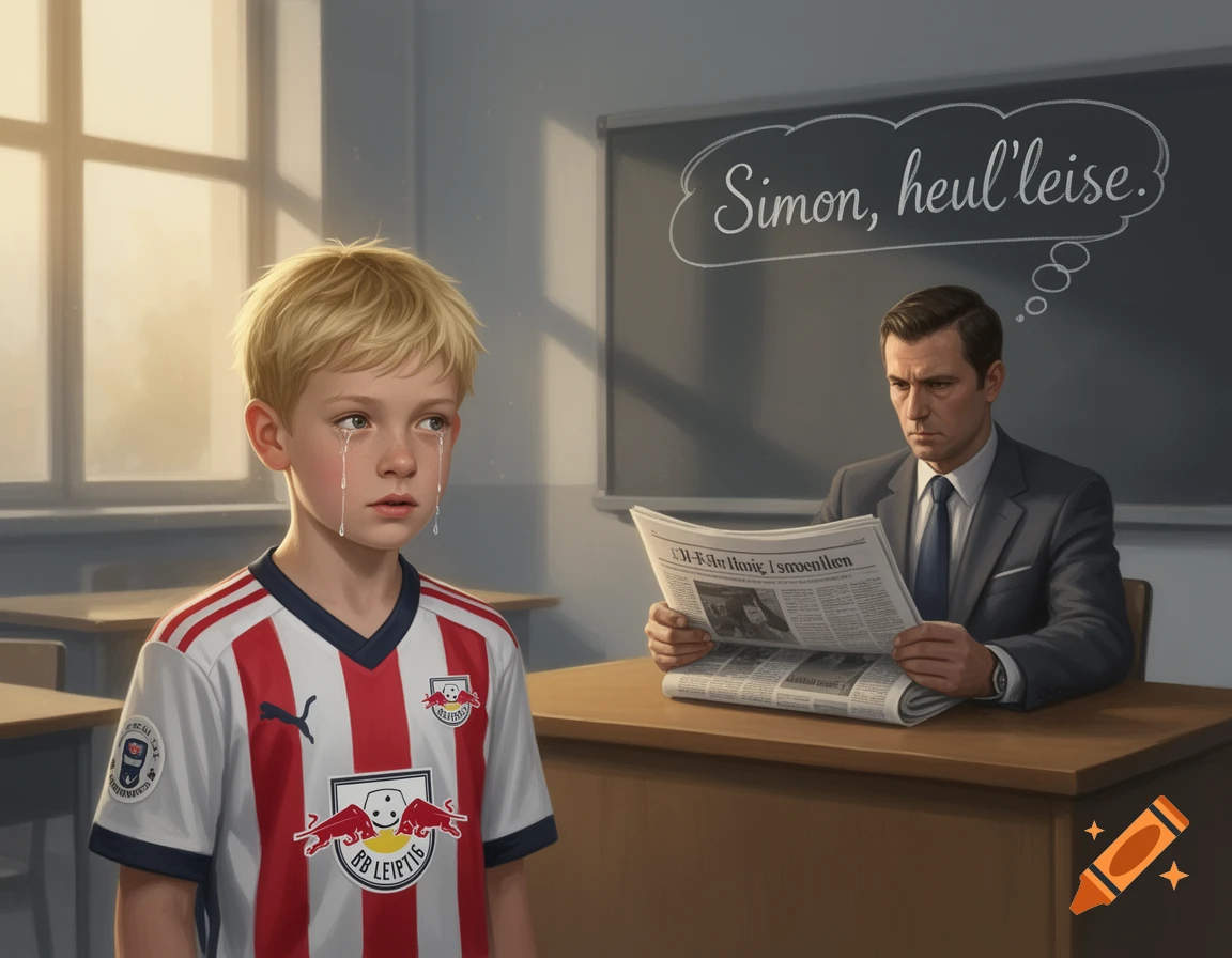 A crying blond boy in an RB Leipzig jersey stands in a classroom, while a man in a suit reads a newspaper at a desk with a thought bubble above him that reads "Simon, heul'leise."