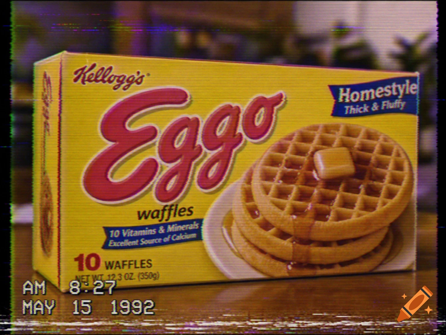 A Kellogg's Eggo waffle box with a stack of waffles, syrup, and butter, depicted with a retro VHS effect and timestamp "AM 8:27 MAY 15 1992".