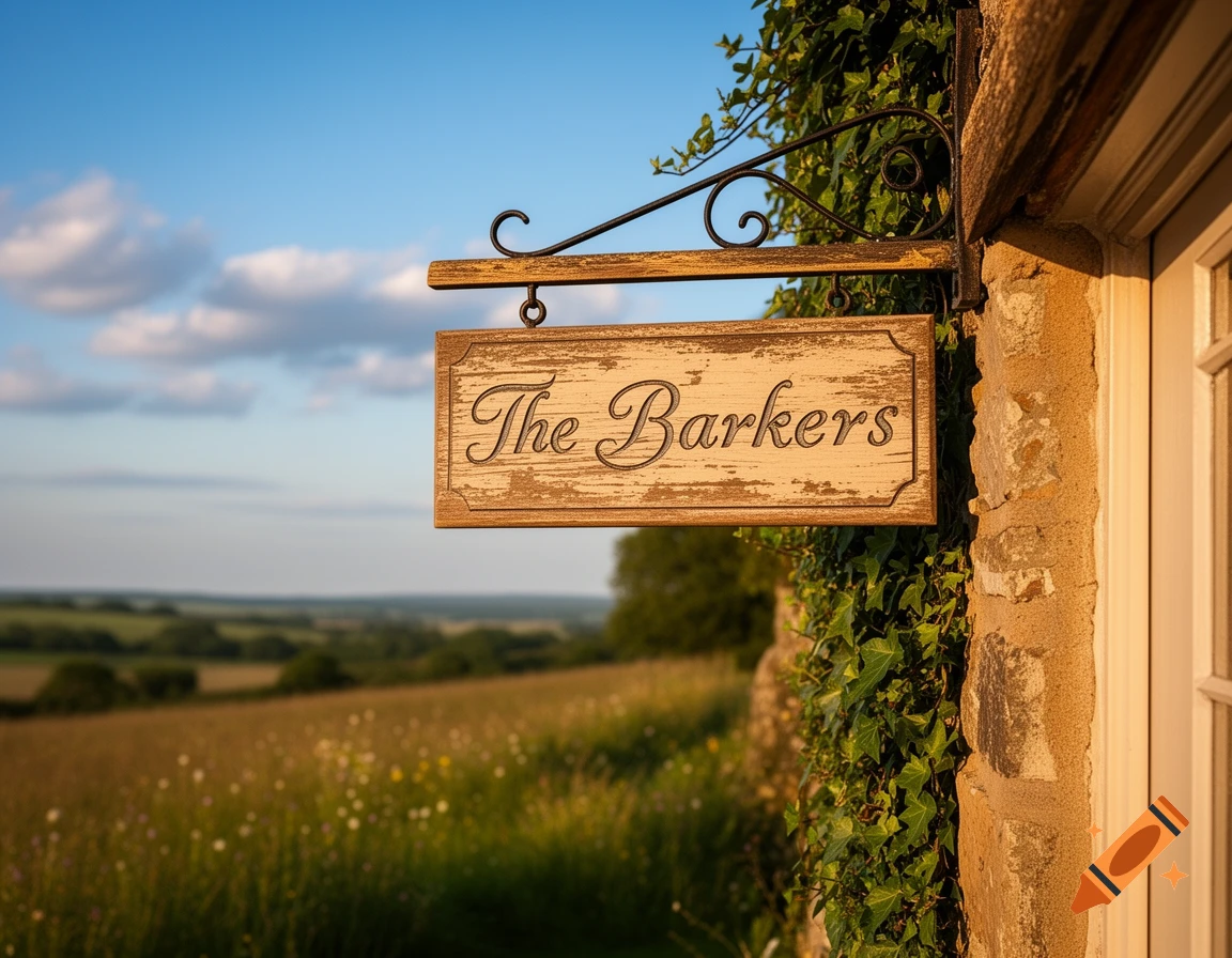 A wooden sign reading "The Barkers" hangs from an ivy-covered stone wall, overlooking a sunny rural landscape with fields and hills.