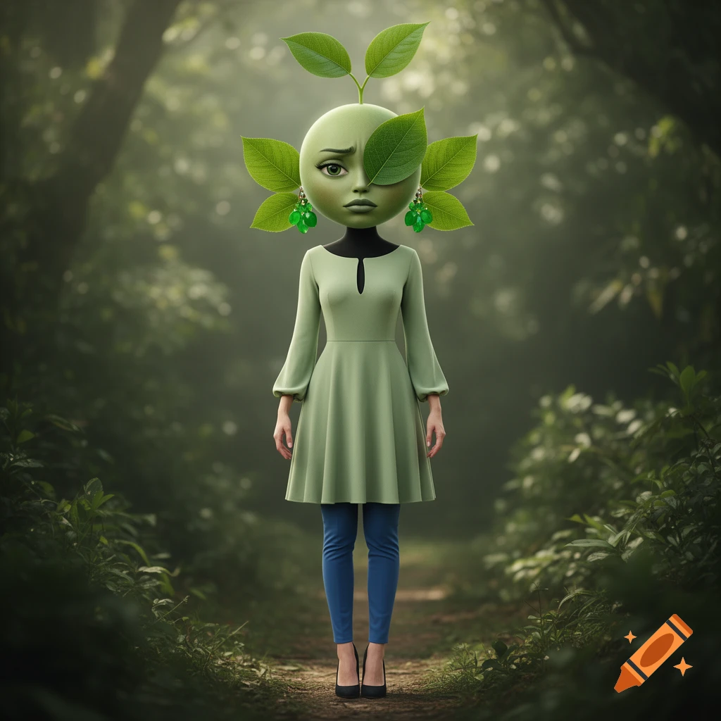 Stylized plant-humanoid with a green, round head and leaves, wearing a green dress, blue pants, and heels, standing in a forest.