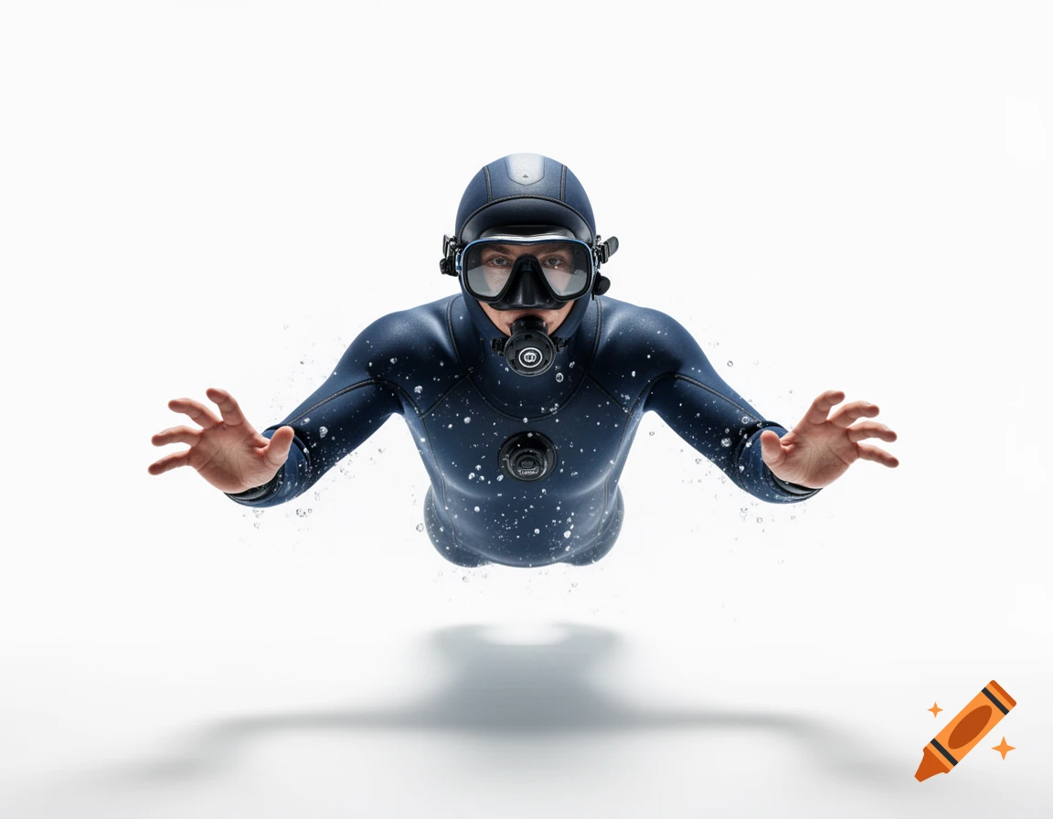 A diver in a dark wetsuit and mask floats against a white background, surrounded by water droplets.