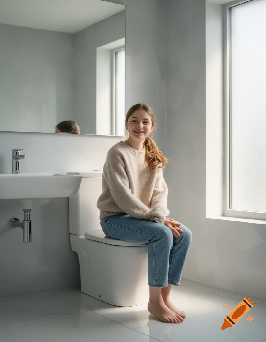 A smiling young girl in a sweater and jeans sits on a white toilet in a brightly lit modern bathroom.