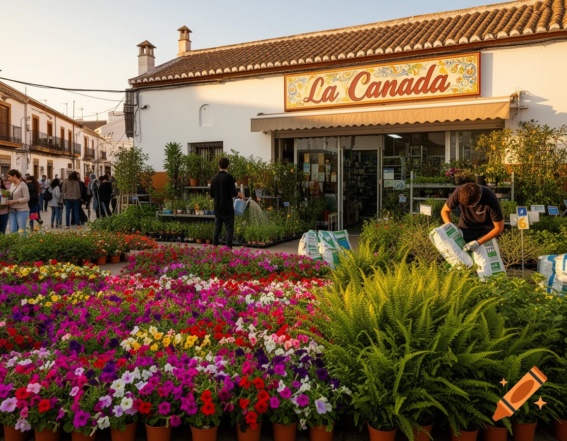 Outdoor garden center 'La Canada' on a sunny street, filled with colorful potted flowers, ferns, and customers browsing plants.