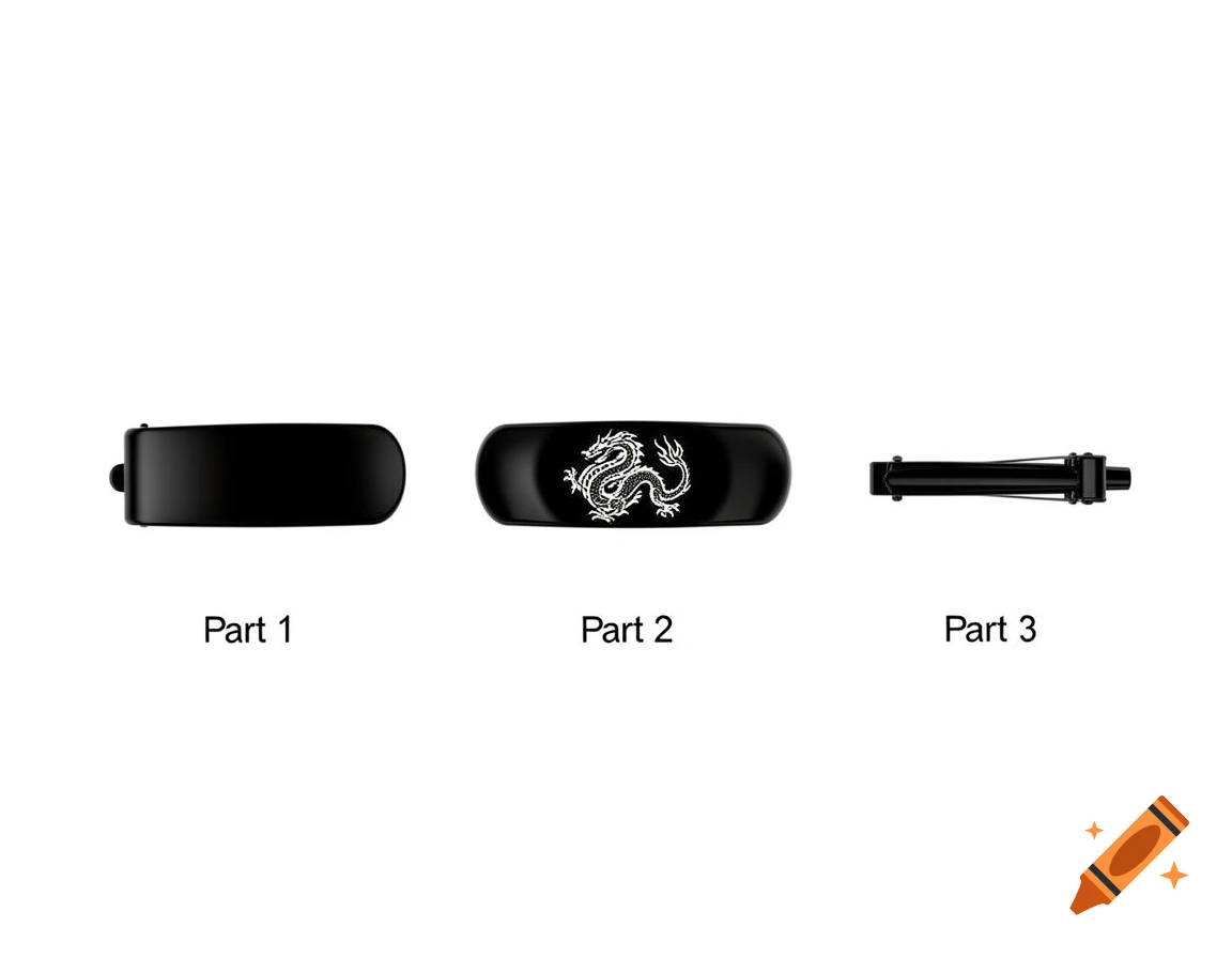 Three disassembled parts of a black banana hair clip, including one with a white dragon silhouette, presented in a technical 2D stencil style on a white background.