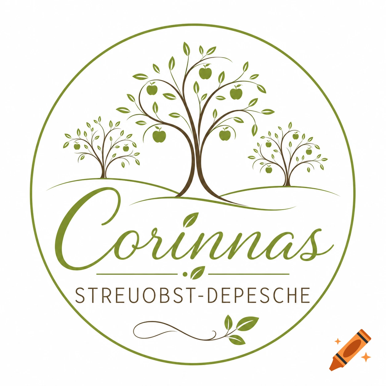 A minimalist vector logo for 'Corinnas Streuobst-Depesche' featuring abstract orchard trees with green apples inside a green circle.