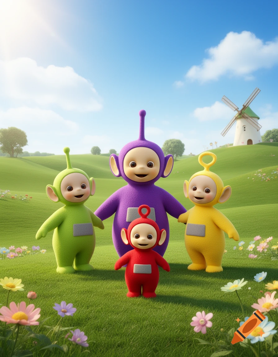 Four Teletubbies (purple, green, yellow, red) stand on a vibrant green hill with flowers under a bright blue sky and a windmill.