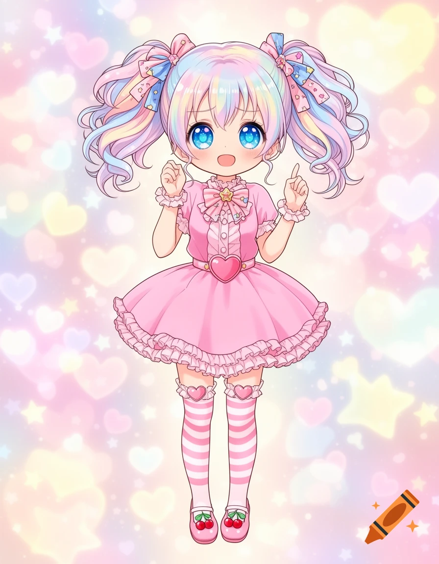 A pastel anime girl with rainbow pigtails, blue eyes, and a pink frilly dress, standing against a backdrop of glowing hearts.