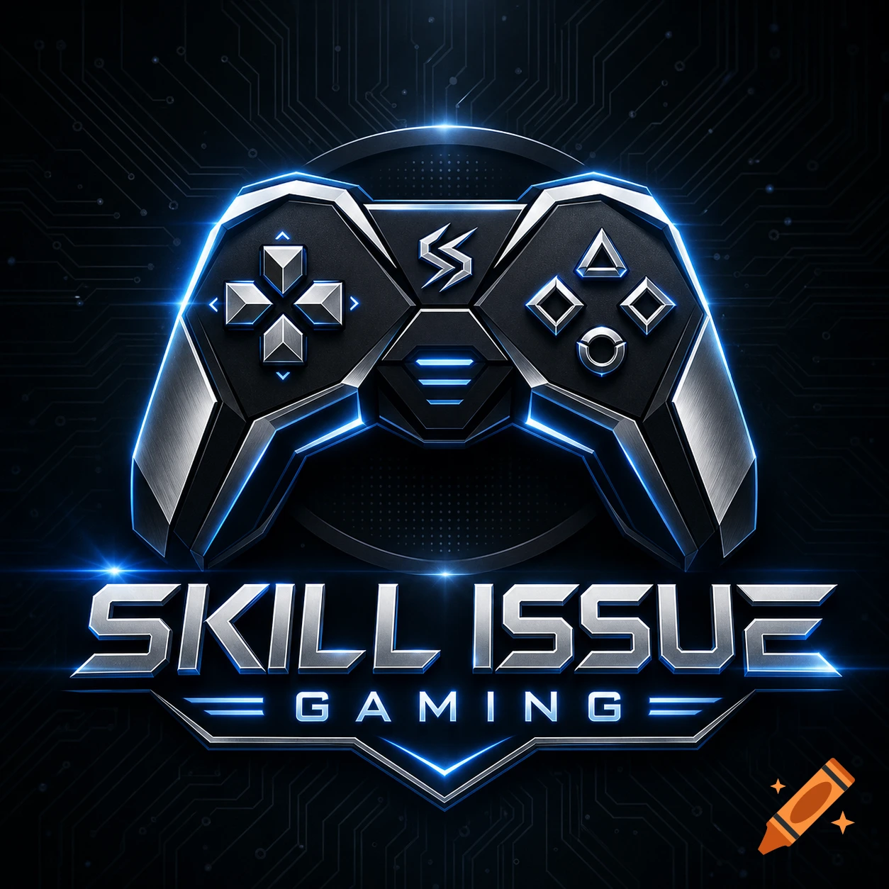 A sleek, metallic silver and black game controller with glowing blue accents above the text "SKILL ISSUE GAMING" in a futuristic font, all set against a dark circuit board background.