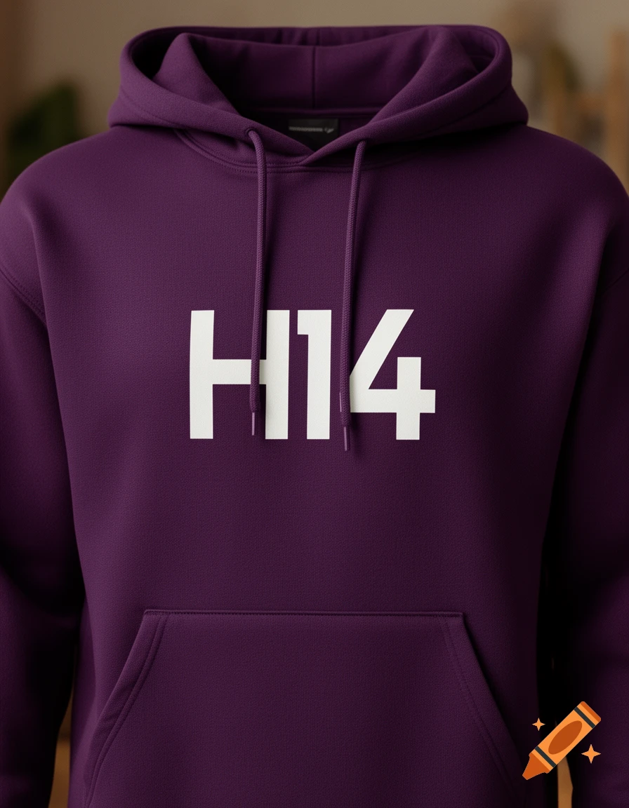 A close-up, photorealistic view of a purple hoodie with the white text 'H14' printed on the front, where the 'H' and '1' are connected.