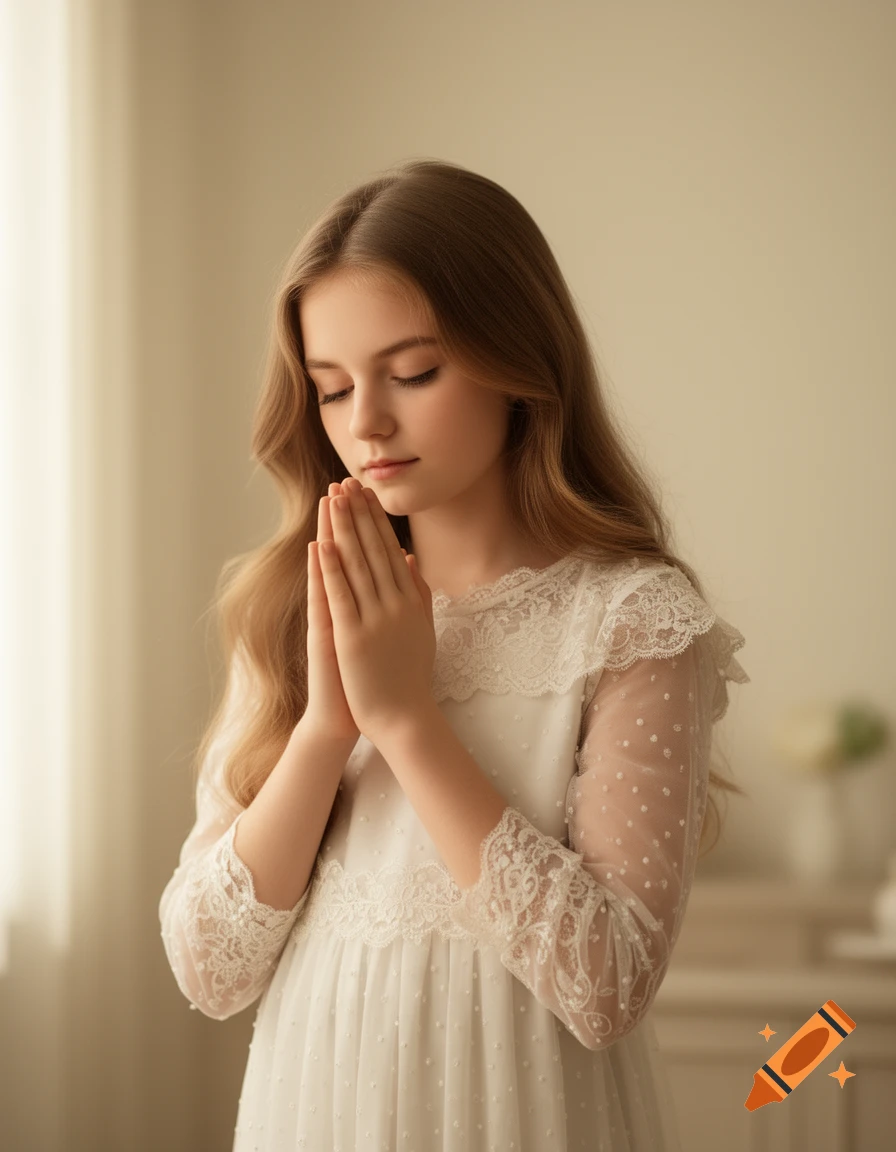 A photorealistic portrait of a young girl with long brown hair, eyes closed, and hands clasped in prayer, wearing a white lacy dress.