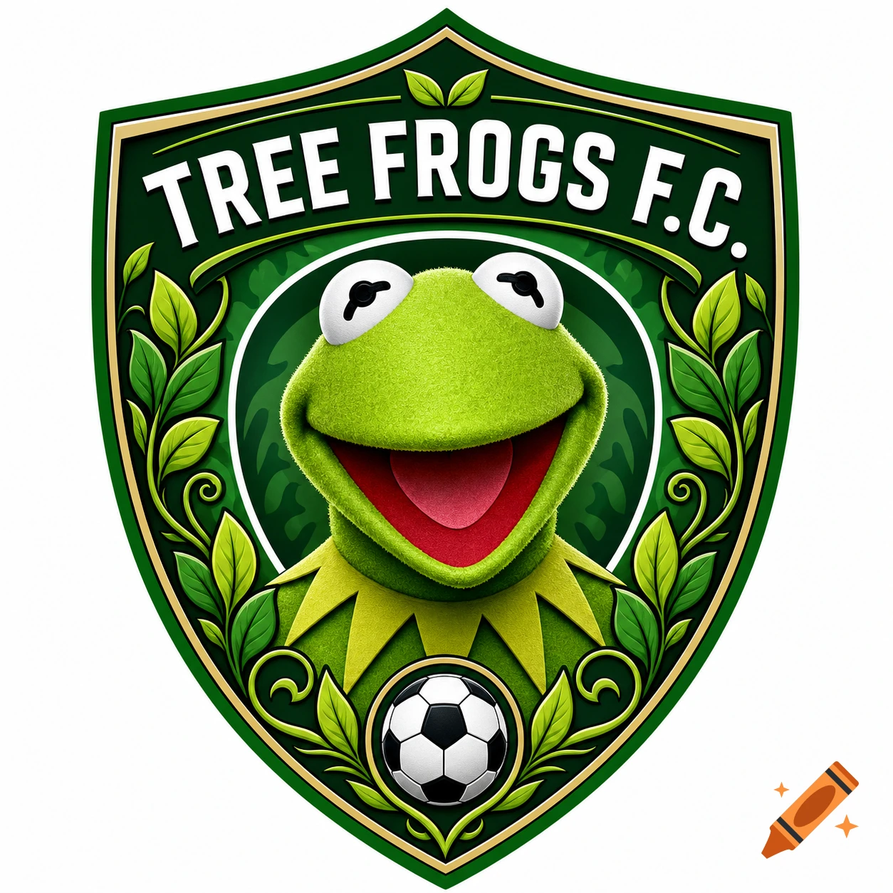 A green shield logo featuring Kermit the Frog's head, surrounded by leaves, with 'TREE FROGS F.C.' text and a soccer ball.