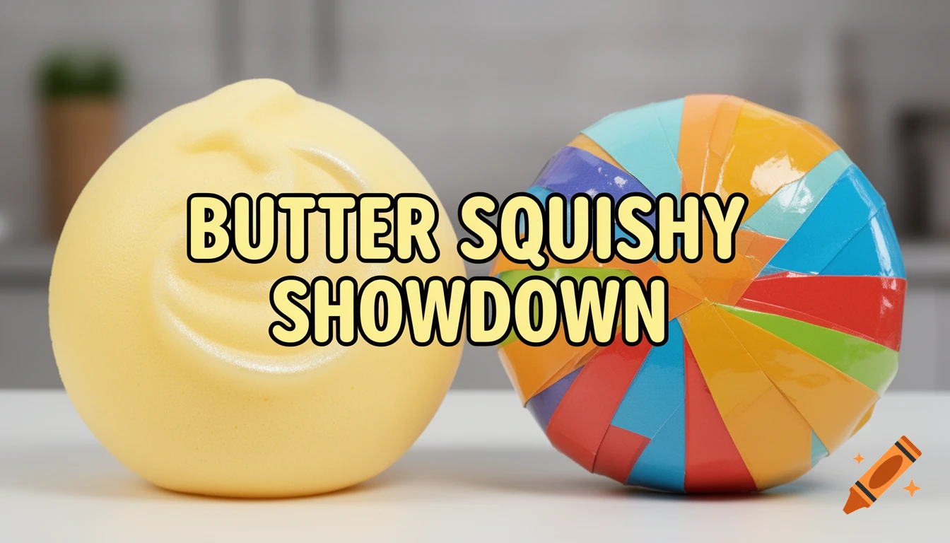 A yellow foam squishy shaped like a butter swirl next to a spherical squishy made of colorful paper strips, with text "BUTTER SQUISHY SHOWDOWN" overlaid.