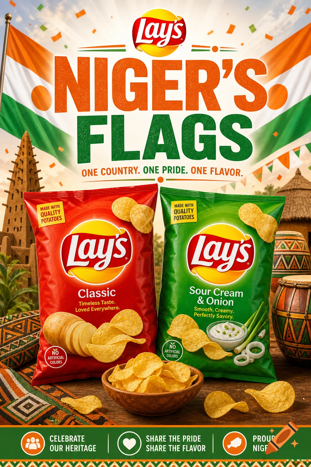 Two bags of Lay's chips, red Classic and green Sour Cream & Onion, in front of Niger's flag, with scattered chips and cultural motifs.