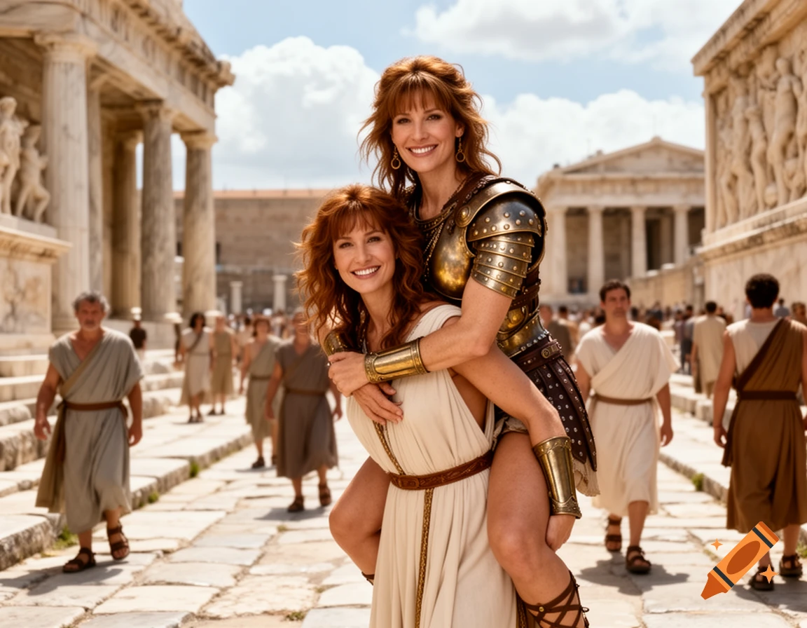 Two smiling women, one in armor carrying the other piggyback, walk through an ancient Greek city with columns and statues.