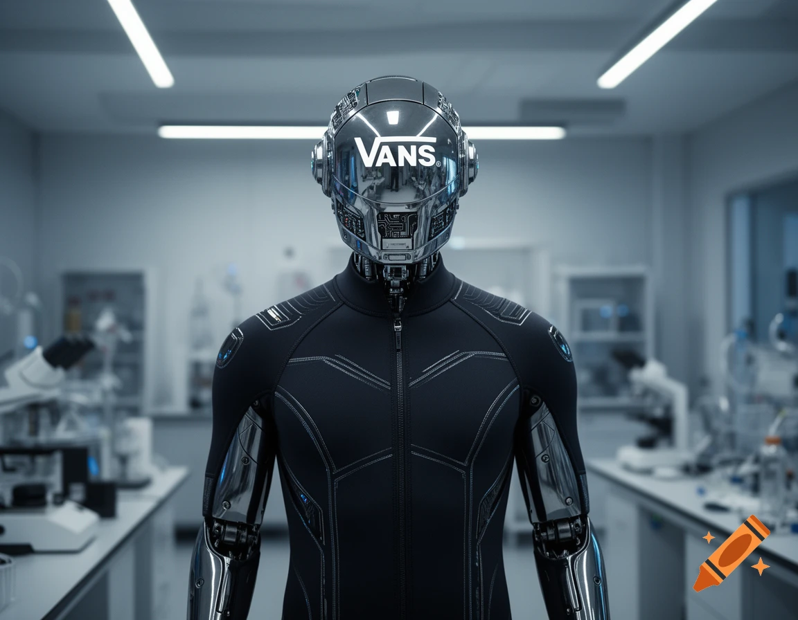 A detailed metallic robot with 'VANS' on its helmet and a black futuristic suit stands in a high-tech lab.