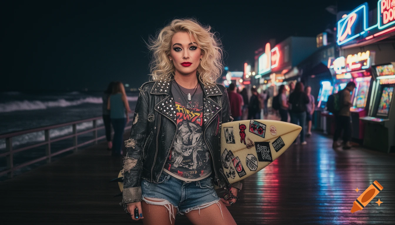 A punk surfer woman with blonde hair, red lipstick, a studded leather jacket, and cut-off shorts holds a surfboard on a nighttime boardwalk with neon lights and ocean waves.