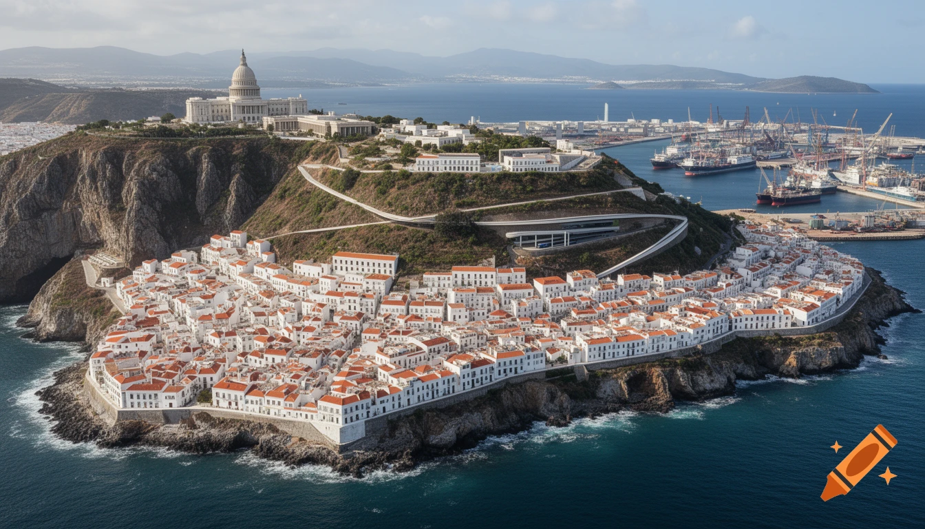 An aerial view of a fictional coastal city with white buildings and red roofs on a rocky peninsula, overlooked by a large domed building on a hill, with a busy industrial port in the background.