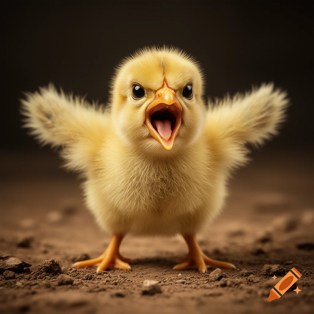 A fluffy yellow chick with an intensely angry expression and open beak, wings spread, stands on dirt ground in a macro shot.