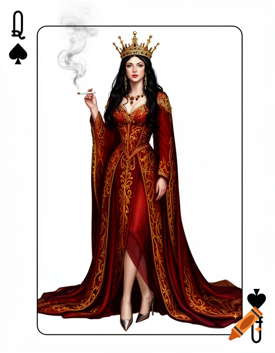 A fantasy queen with a crown, red and gold gown, and heels, smoking a cigarette, depicted on a playing card.