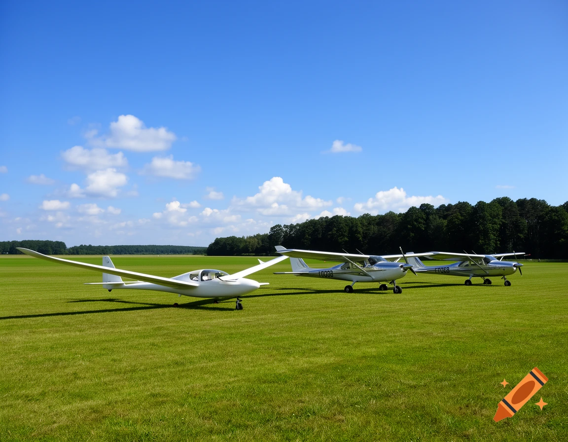 Three aircraft, a white glider and two silver propeller planes, are parked on a green grass airfield under a blue sky with white clouds.