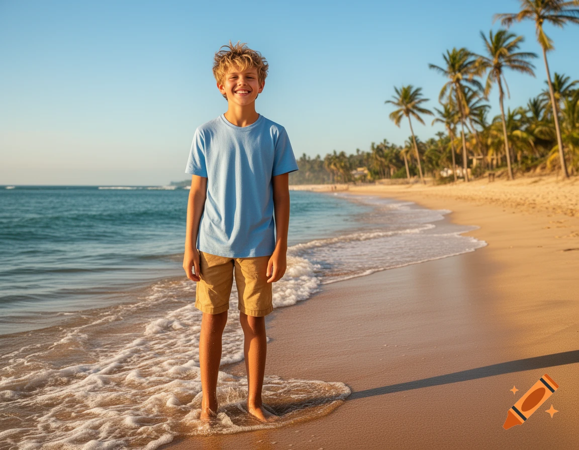 A smiling young boy in a blue t-shirt and shorts stands barefoot at the edge of the ocean on a sunny sandy beach with palm trees.