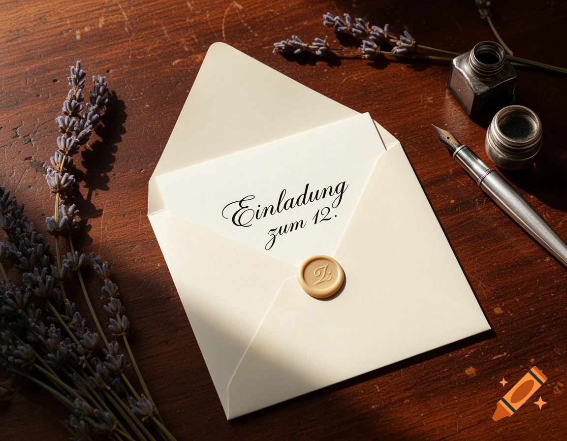 An open cream envelope with an invitation card 'Einladung zum 12.' on a wooden table, next to lavender, an inkwell, and a fountain pen.