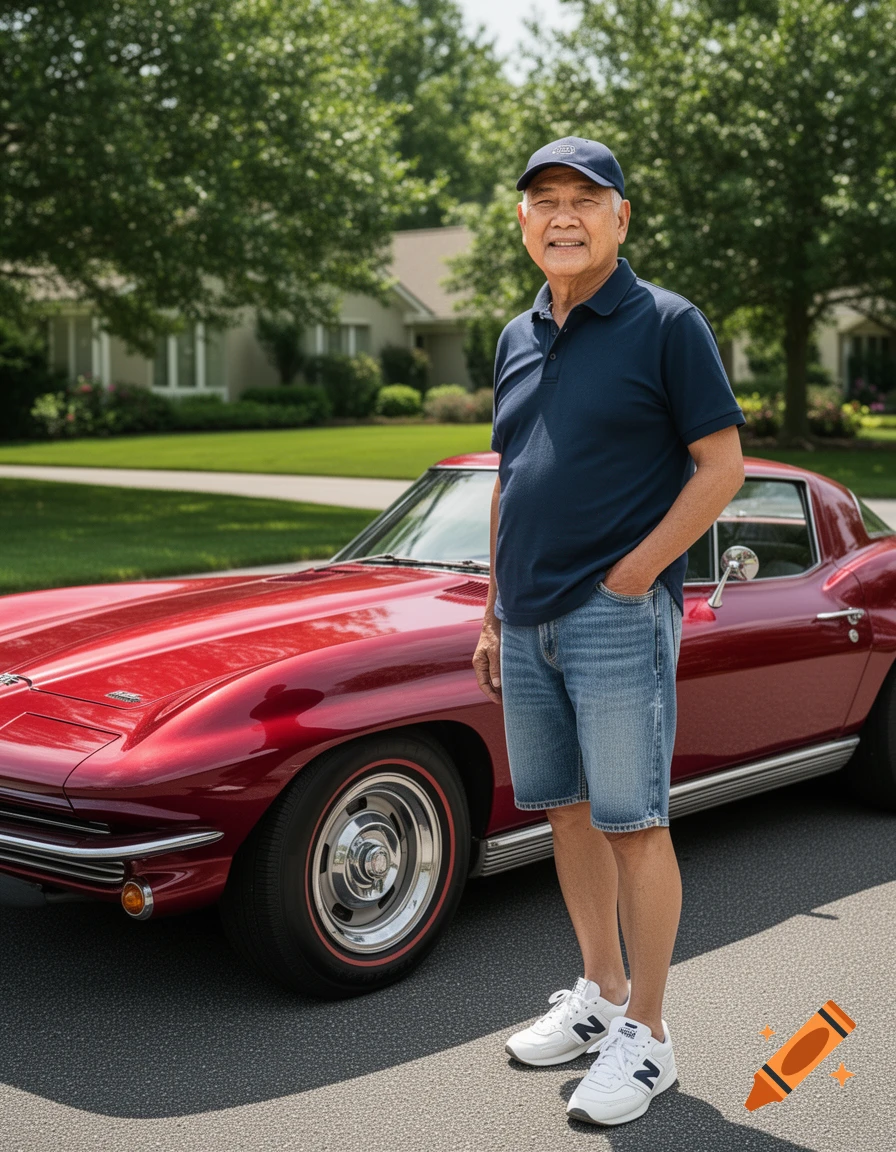 A smiling man in a navy polo, denim shorts, and a baseball cap stands beside a shiny red classic Corvette.