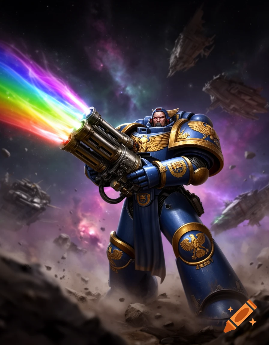A heavily armored Warhammer 40k Space Marine fires a heavy weapon, unleashing a rainbow beam in a cosmic battle with spaceships.